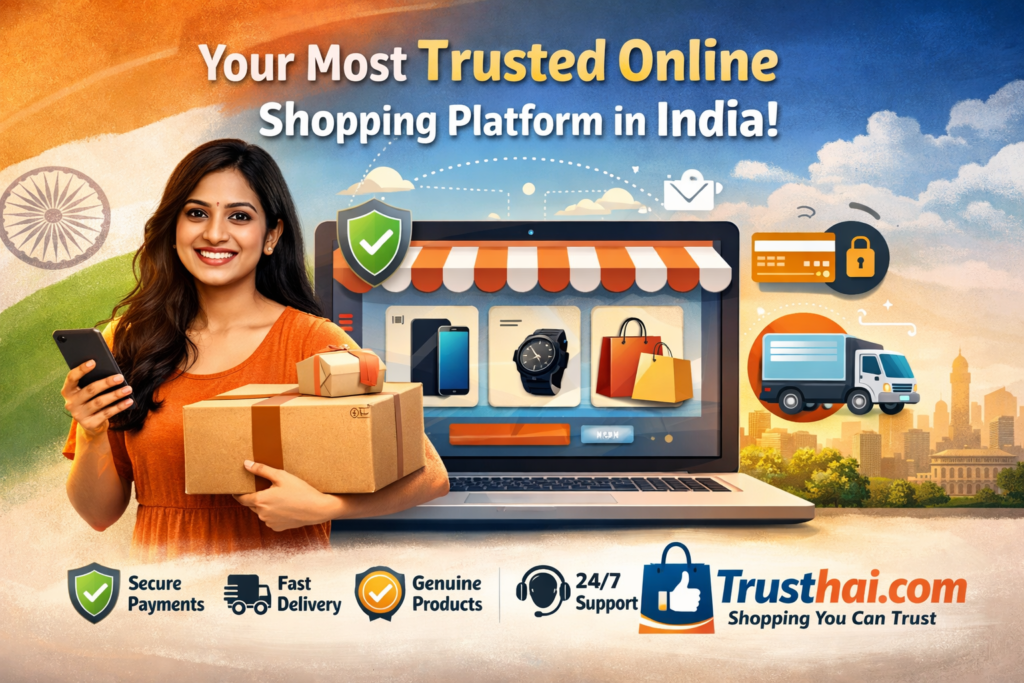 "Trusthai.com trusted online shopping platform in India with secure payments, fast delivery, genuine products, and 24/7 customer support – woman holding packages and smartphone with shopping icons on laptop screen"