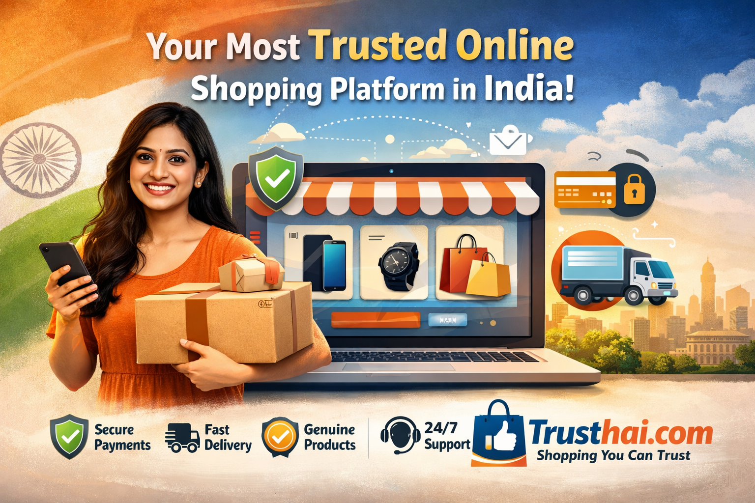 "Trusthai.com trusted online shopping platform in India with secure payments, fast delivery, genuine products, and 24/7 customer support – woman holding packages and smartphone with shopping icons on laptop screen"