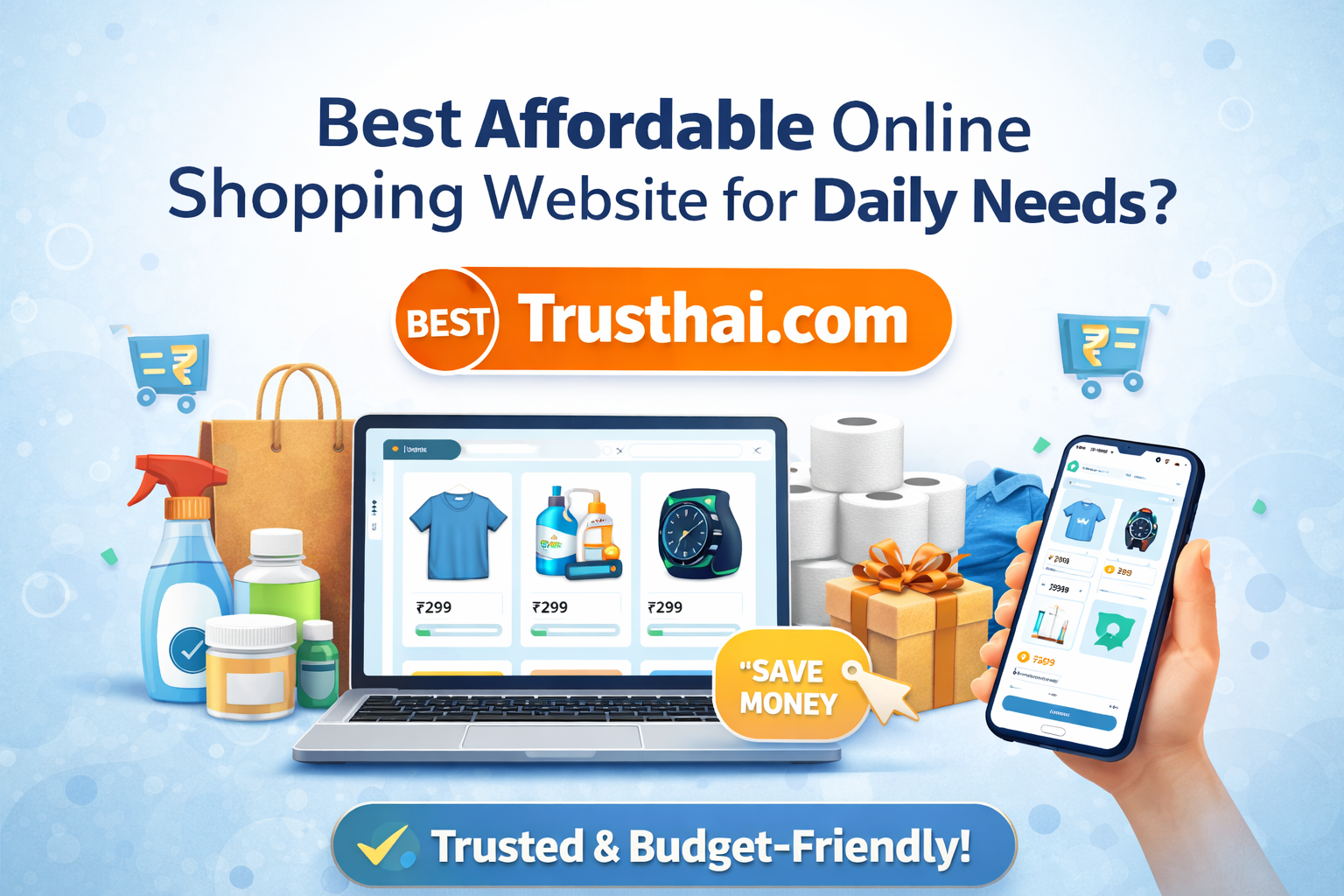 est affordable online shopping website for daily needs – Trusthai.com featuring T-shirts, watches, cleaning products, and gift items on laptop and mobile screens