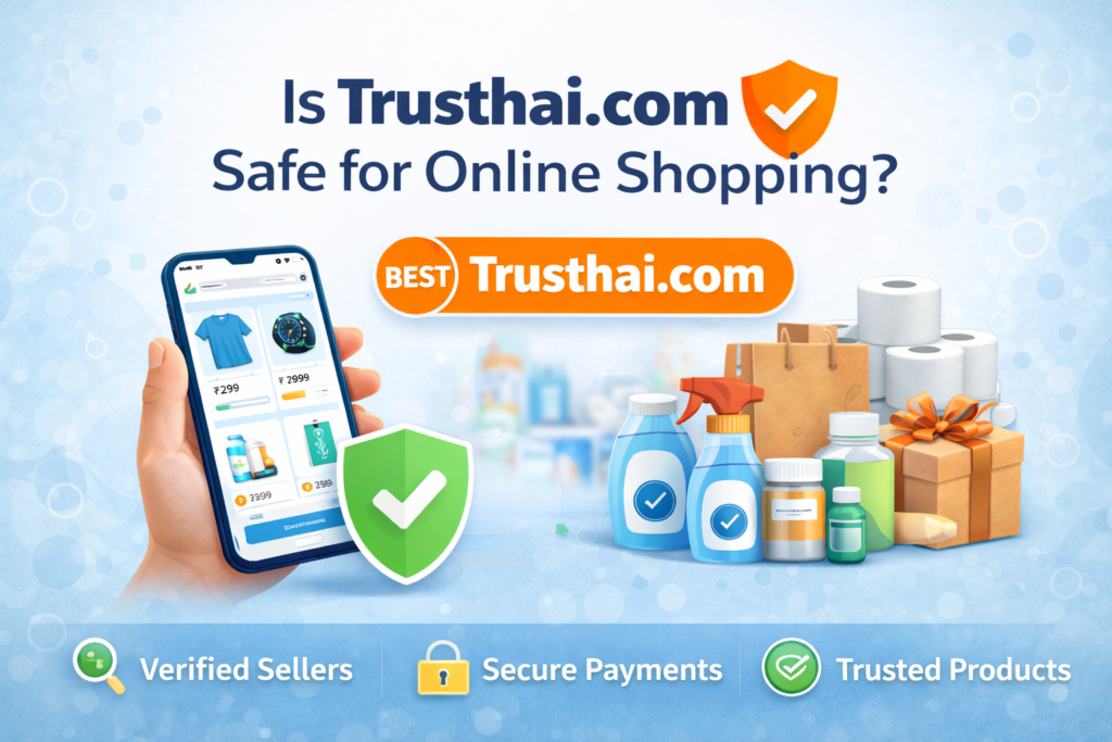 Is Trusthai.com safe for online shopping? Hand holding smartphone showing Trusthai.com products with secure checkout, verified sellers, and trusted daily-use items