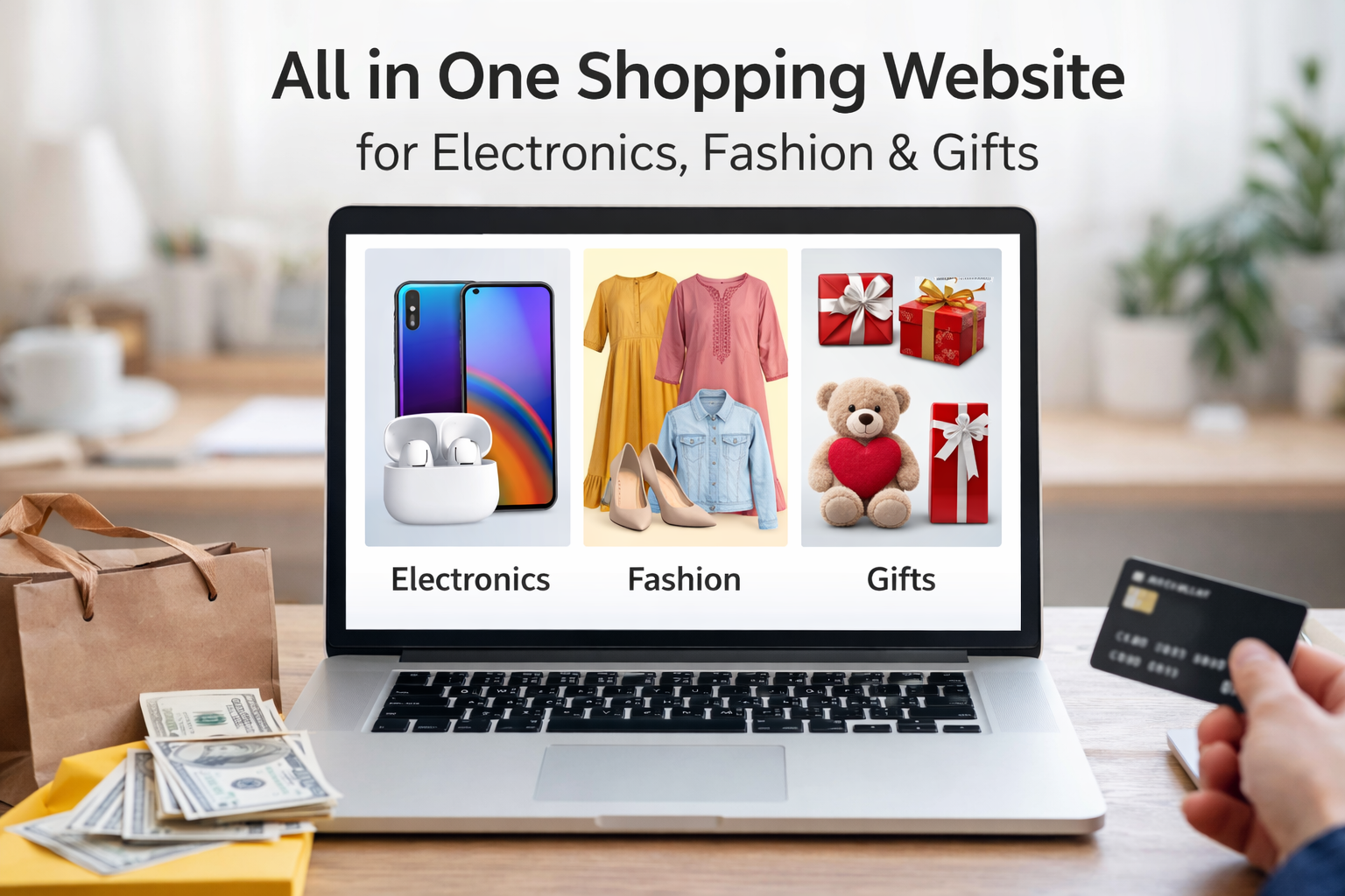 All in one shopping website for electronics, fashion & gifts showing mobile, clothing items and gift products on a laptop screen