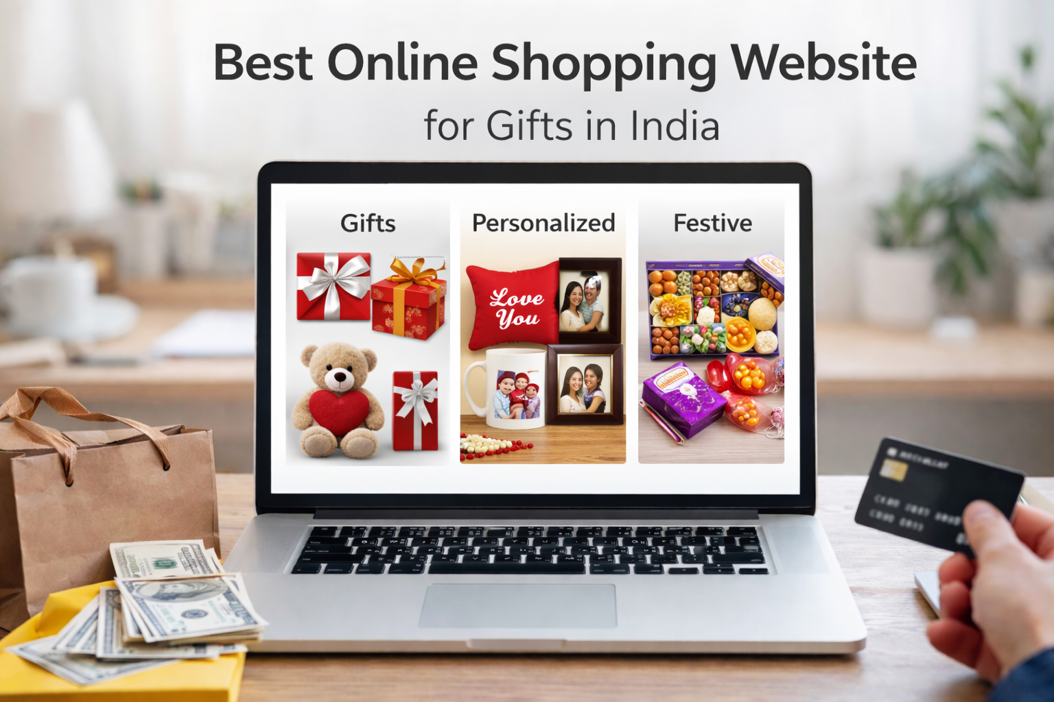 Best online shopping website for gifts in India showing gift boxes, personalized items, and festive presents on an online shopping platform