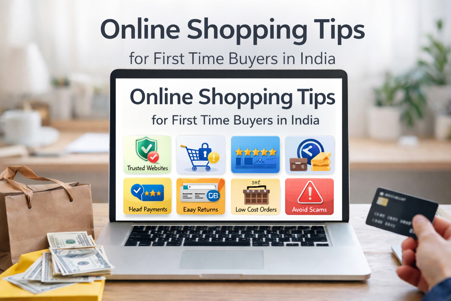 Person using a laptop for online shopping and checking tips for first time buyers in India