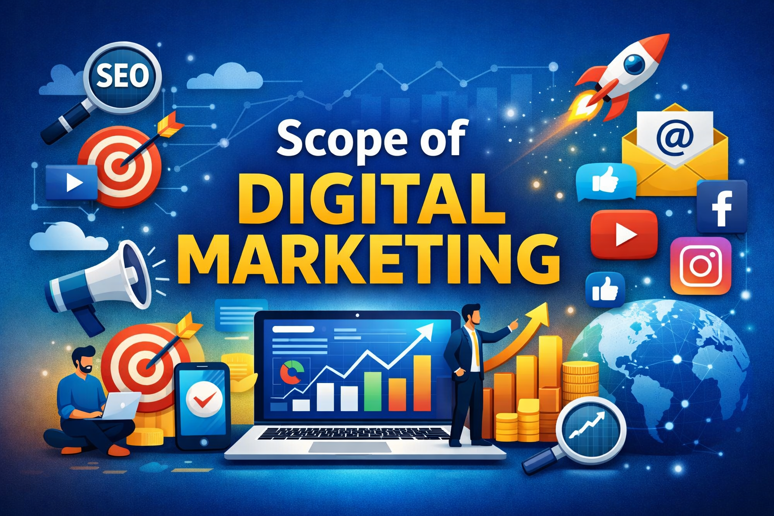 “Scope of digital marketing showing SEO, social media, email marketing, analytics, and online business growth”